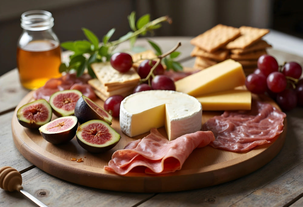 Tabla con jamones y queso Colombo Alemana, quesos variados, frutas y pan artesanal