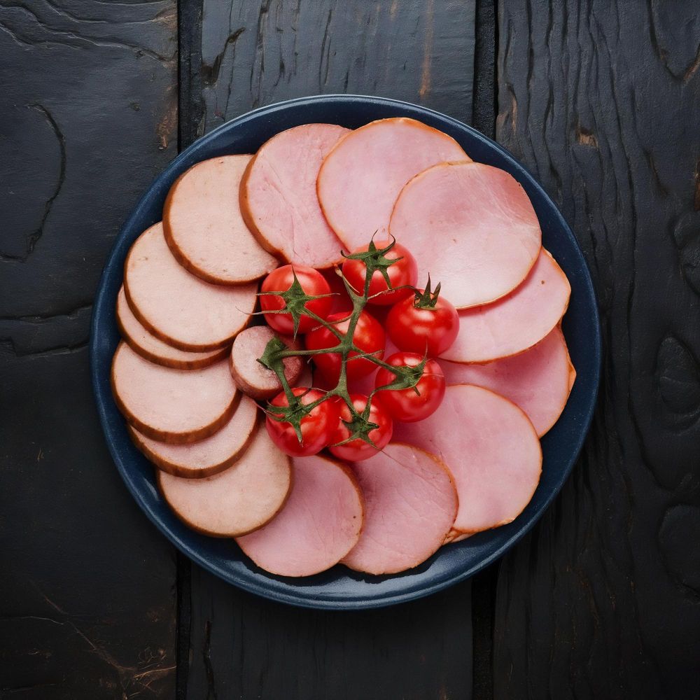 Variedades de mortadelas jamonada, cervecera y tradicional en una tabla de embutidos