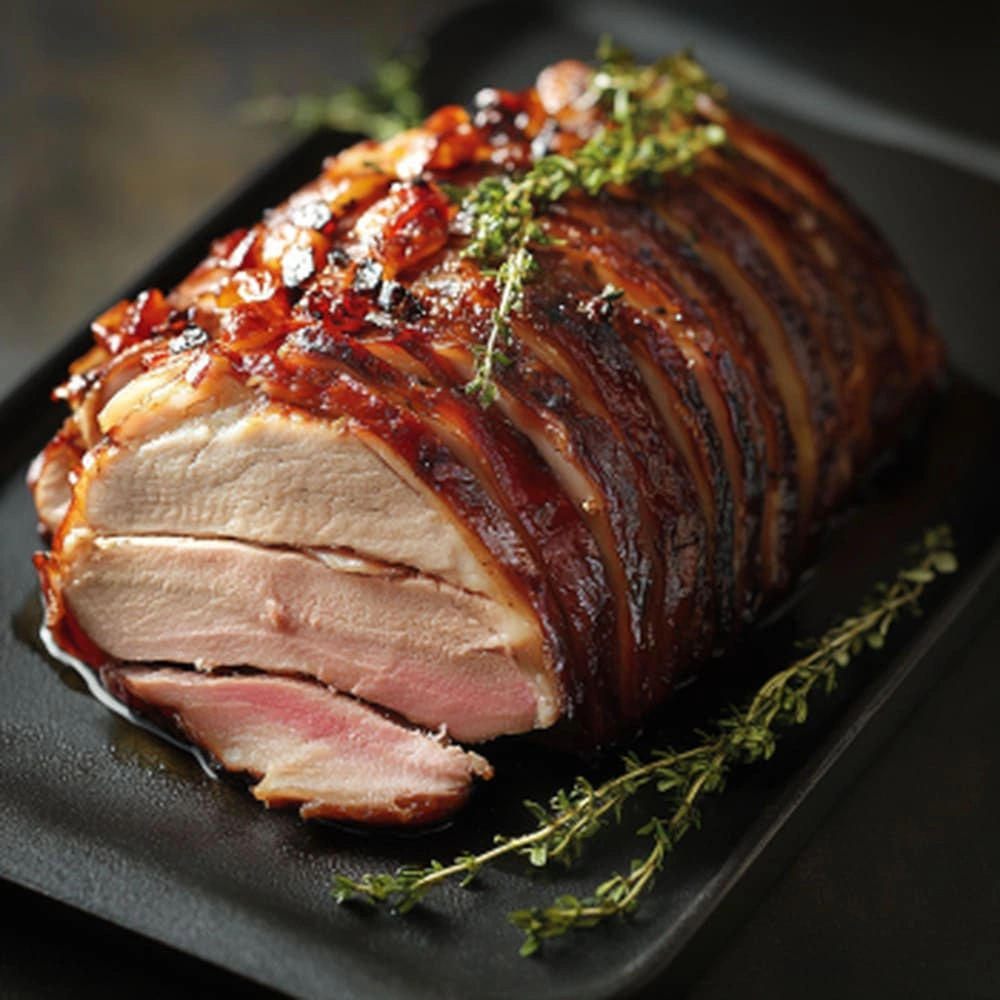 Lomo Ahumado de Cerdo Colombo Alemana en una tabla gourmet con vegetales asados